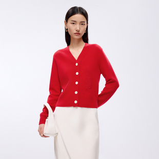 上衣女 LANCY 朗姿2025年春新款 气质高级感大红色针织开衫 V领短款