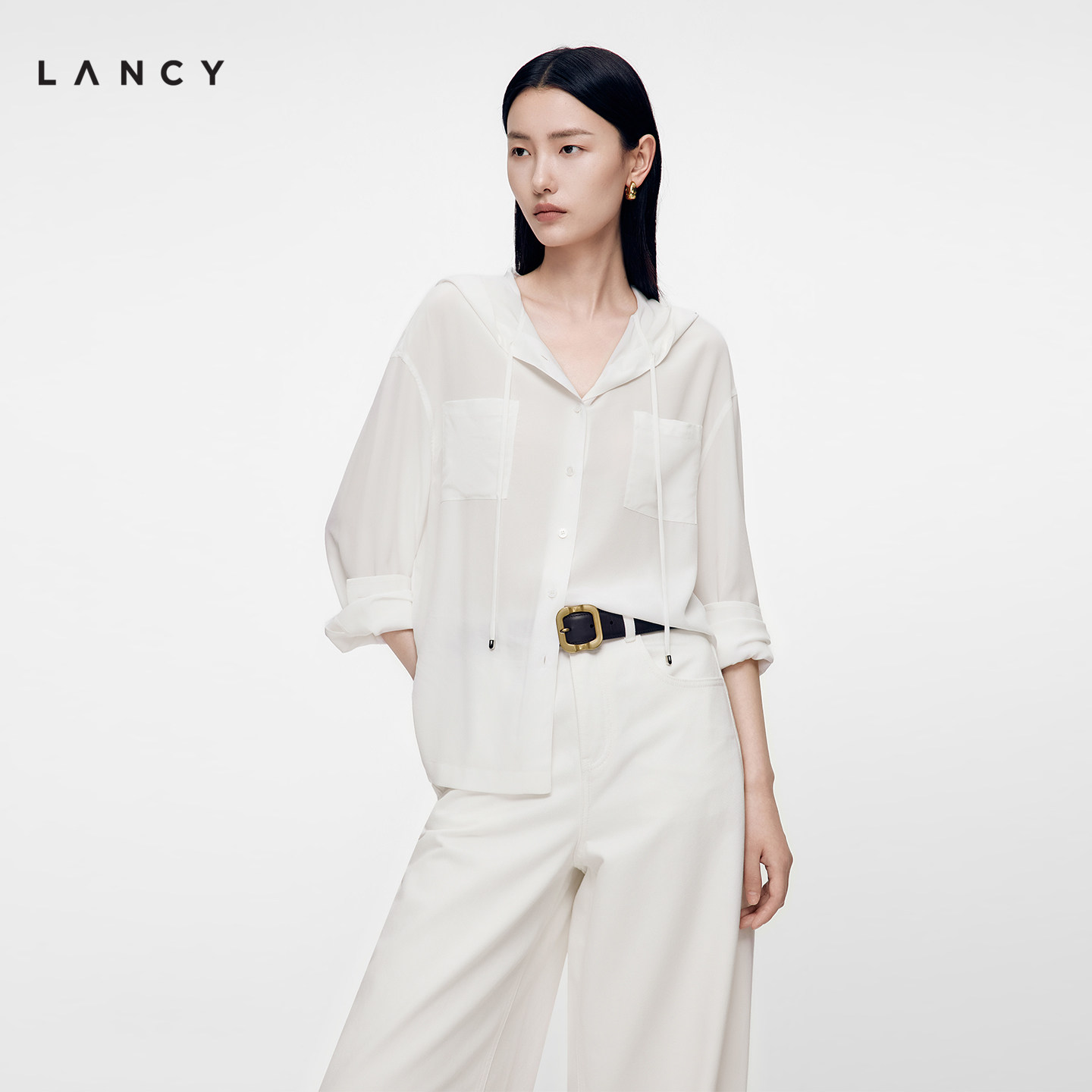 【真丝】LANCY/朗姿2026秋季新款休闲连帽短外套轻薄长袖白色上衣