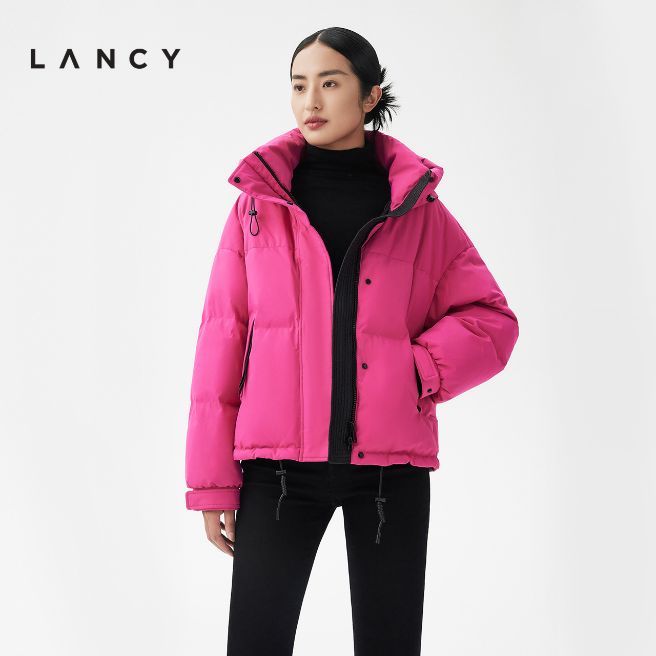 LANCY/朗姿2023秋冬季新款鹅绒连帽外套女宽松粉色女士短款羽绒服