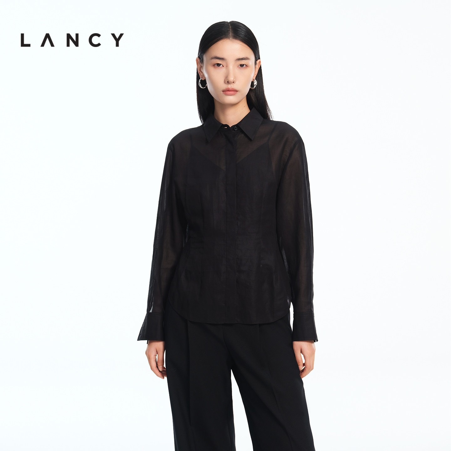 LANCY/朗姿2026春季新款高级感通勤POLO领微透收腰衬衫上衣女