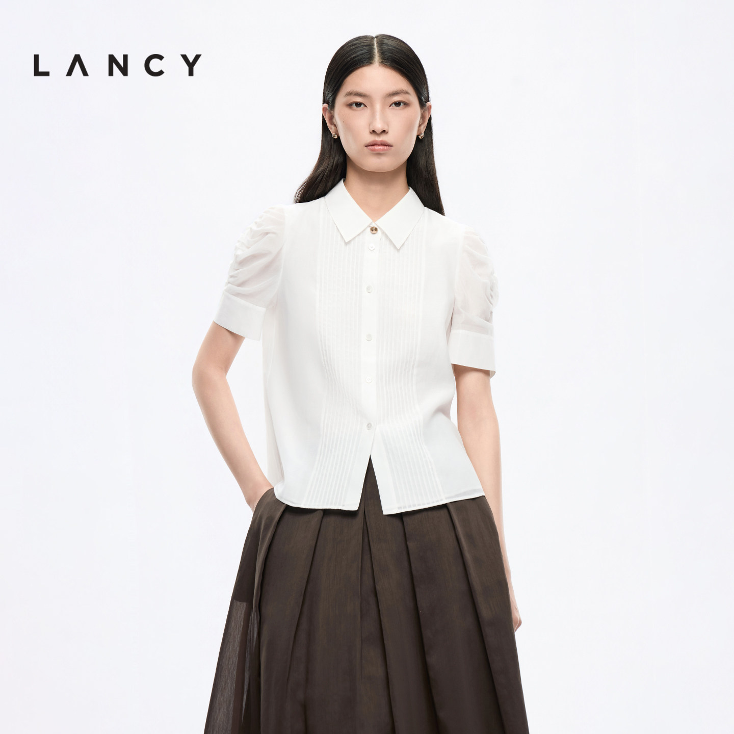 【蚕丝棉】LANCY/朗姿2026夏季新款通勤翻领泡泡袖短袖衬衫上衣女