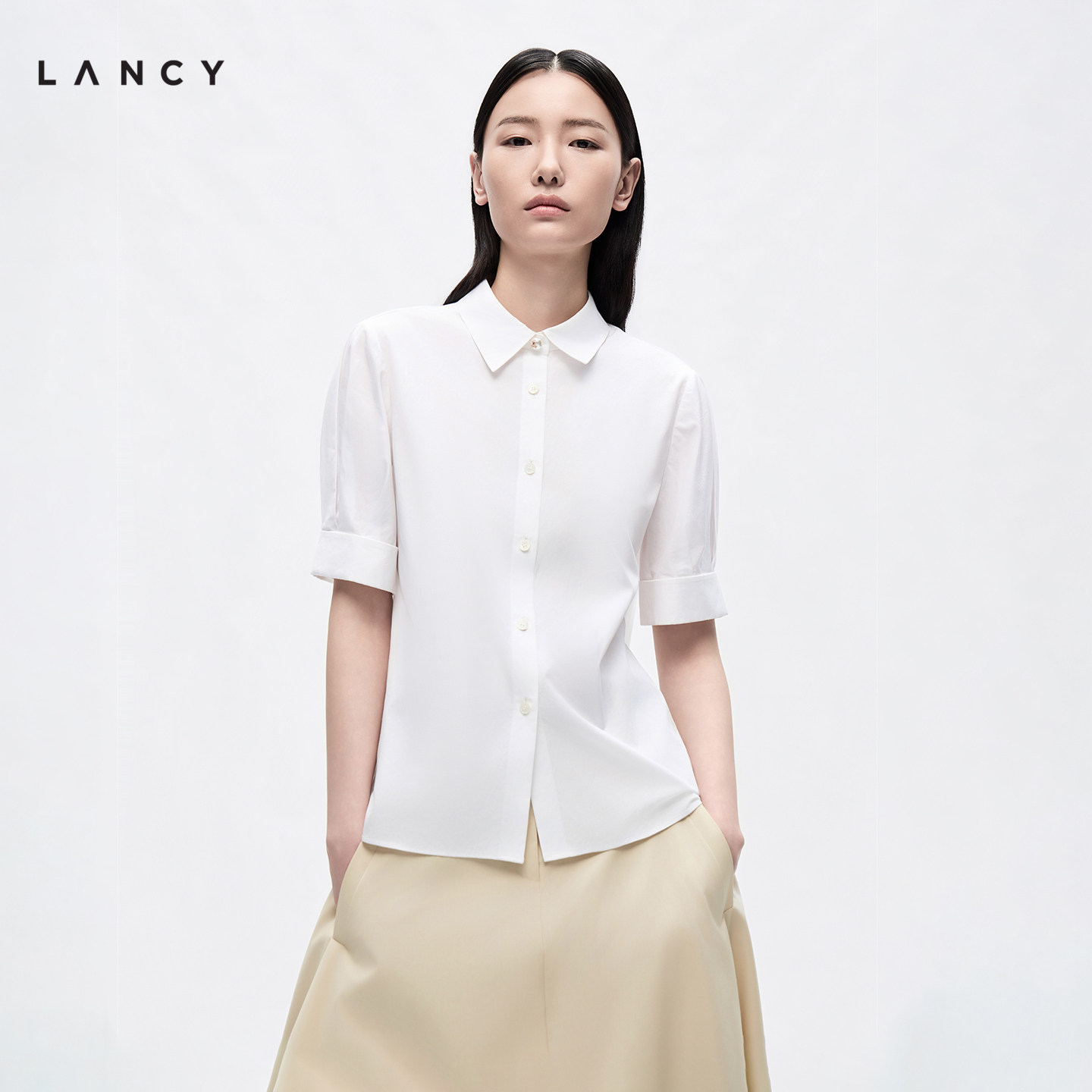 【纯棉】LANCY/朗姿2026夏季新款简约百搭短袖衬衫通勤翻领上衣女图片