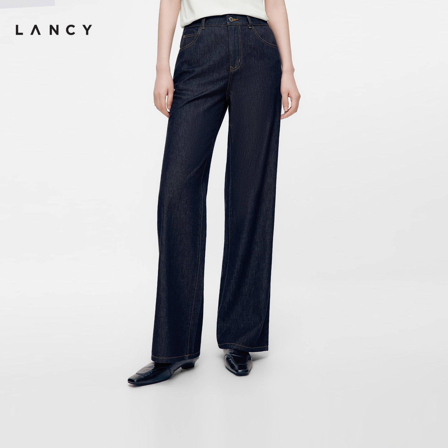LANCY/朗姿2026秋季新款复古简约高腰直筒阔腿裤工装纯棉牛仔裤女