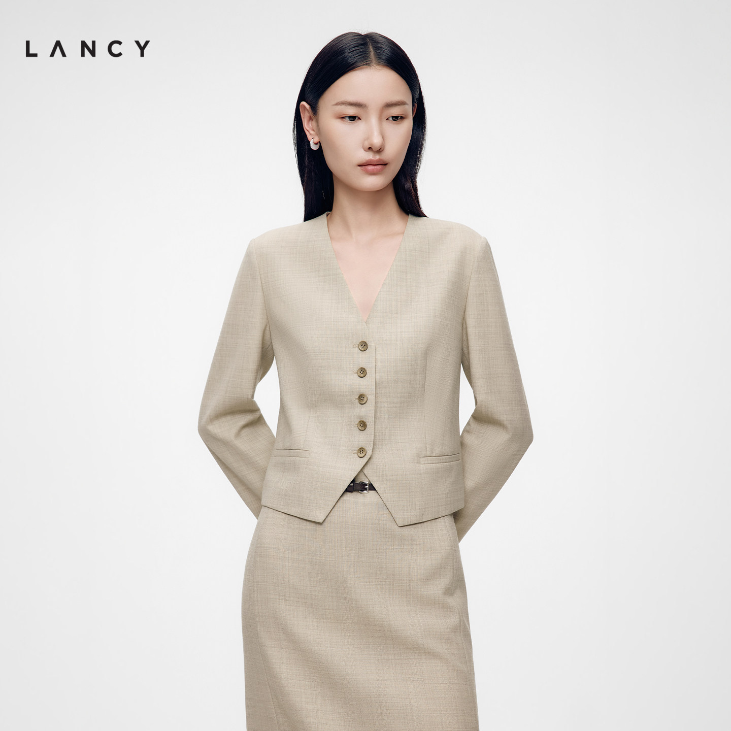 LANCY/朗姿2026秋新款羊毛醋酸法式气质V领西装外套直筒半裙套装图片