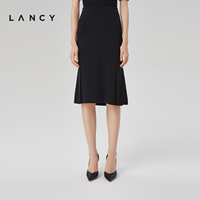 LANCY/朗姿春季新款黑色高腰天丝鱼尾半身裙女气质高级感包臀裙子