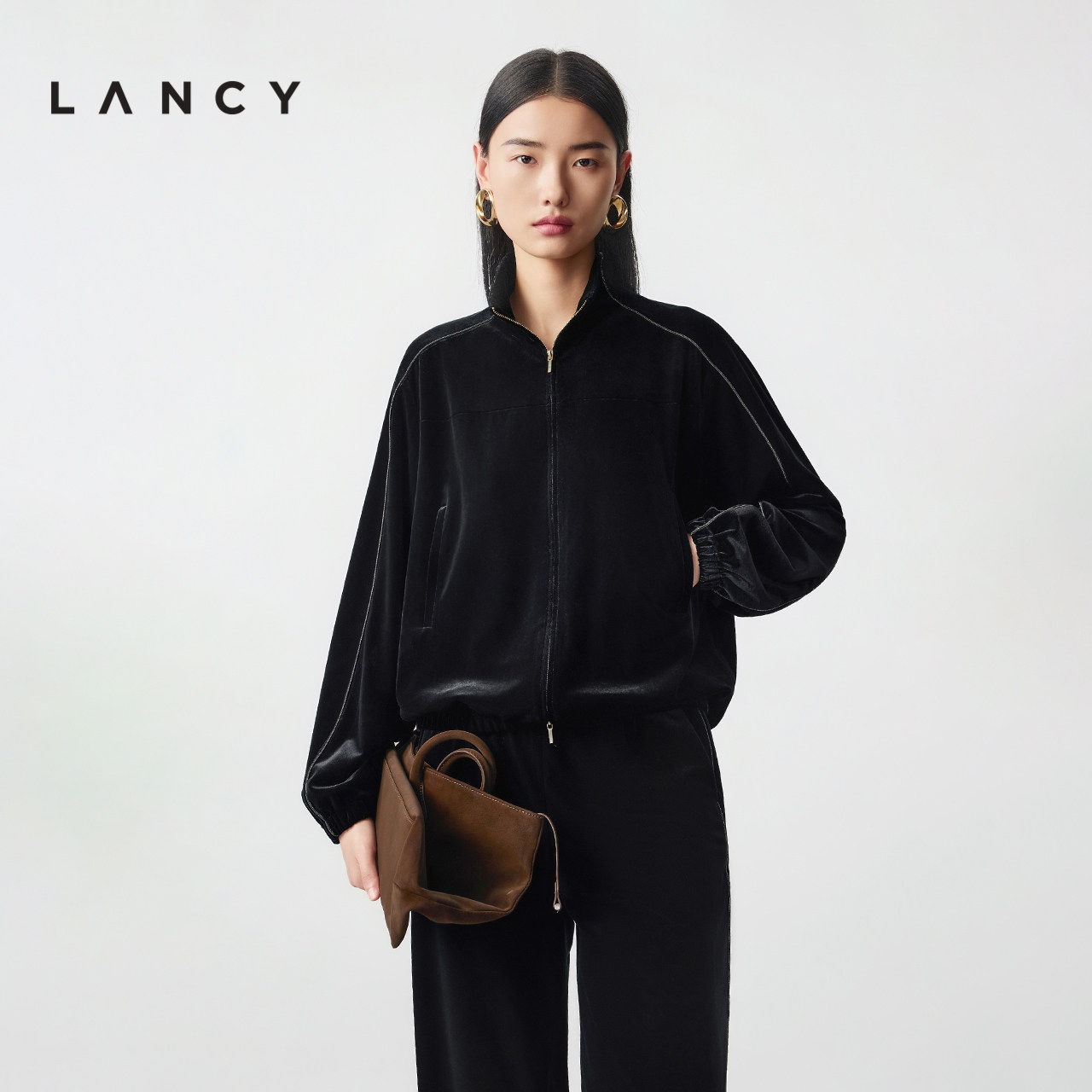 LANCY/朗姿2025冬季新款休闲松弛感丝绒短外套女秋黑色双拉链夹克,女装/女士精品,短外套,淘宝优惠券,粉丝福利购,淘宝优惠卷