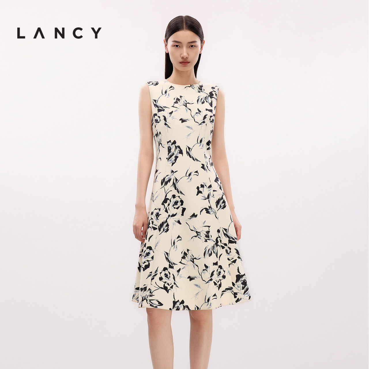 LANCY/朗姿夏季新款水墨国风印花无袖收腰A字中长高端连衣裙