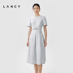 LANCY/朗姿2024春季新款高级感印花连衣裙短袖收腰简约真丝裙子女