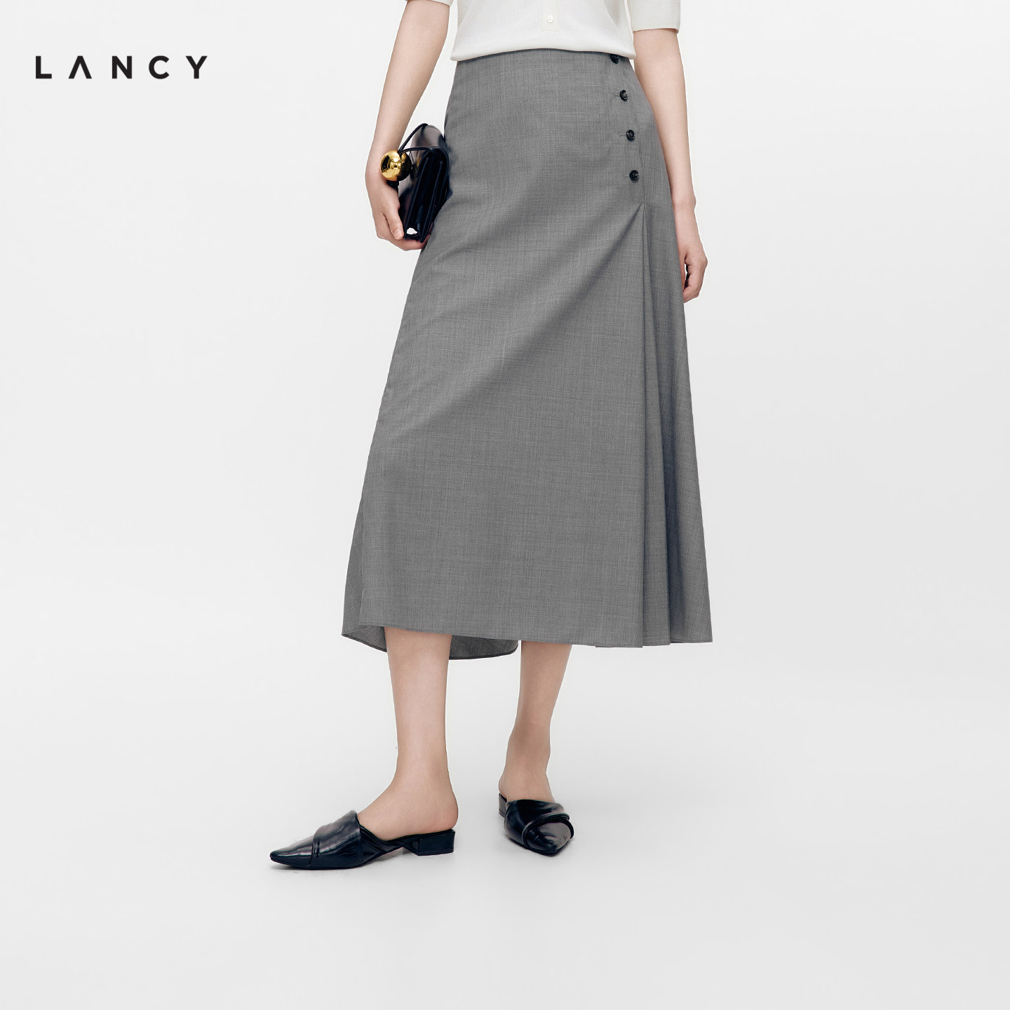【绵羊毛】LANCY/朗姿2026年秋季新款气质简约A字伞裙灰色半裙女图片