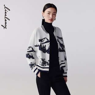 设计感印花圆领针织开衫 朗姿25冬新款 LANCY 外套女 Simon联名