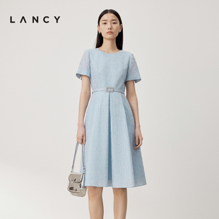 LANCY 气质提花圆领腰带收腰连衣裙a字裙子女 新款 朗姿2024夏季