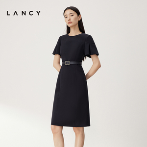 LANCY/朗姿2024夏季新款荷叶边醋酸圆领收腰连衣裙直筒中长裙子女