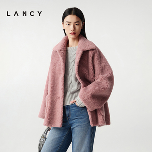粉外套女 羊毛驼毛驼绒简约颗粒毛呢大衣短款 LANCY 朗姿2025冬新款