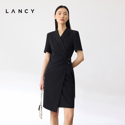 LANCY/朗姿2024夏季新款黑色设计感西装连衣裙女显瘦通勤短袖裙子