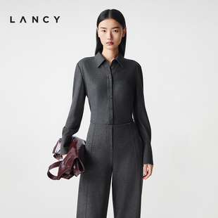 羊毛 女通勤修身 LANCY 简约百搭翻领衬衫 短上衣 朗姿2025冬新款