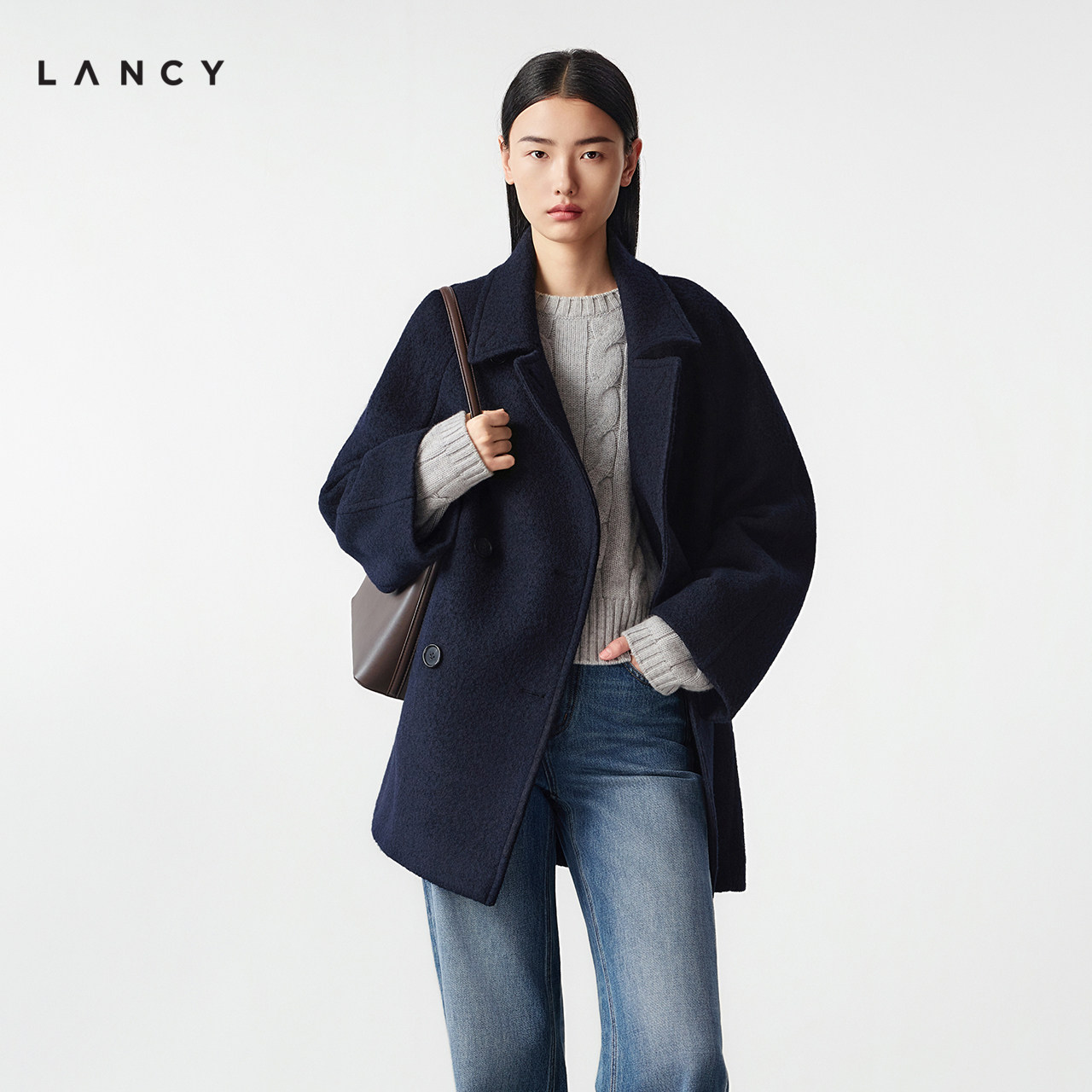 【纯羊毛】LANCY/朗姿冬季新款气质双排扣翻领毛呢女士中长款大衣