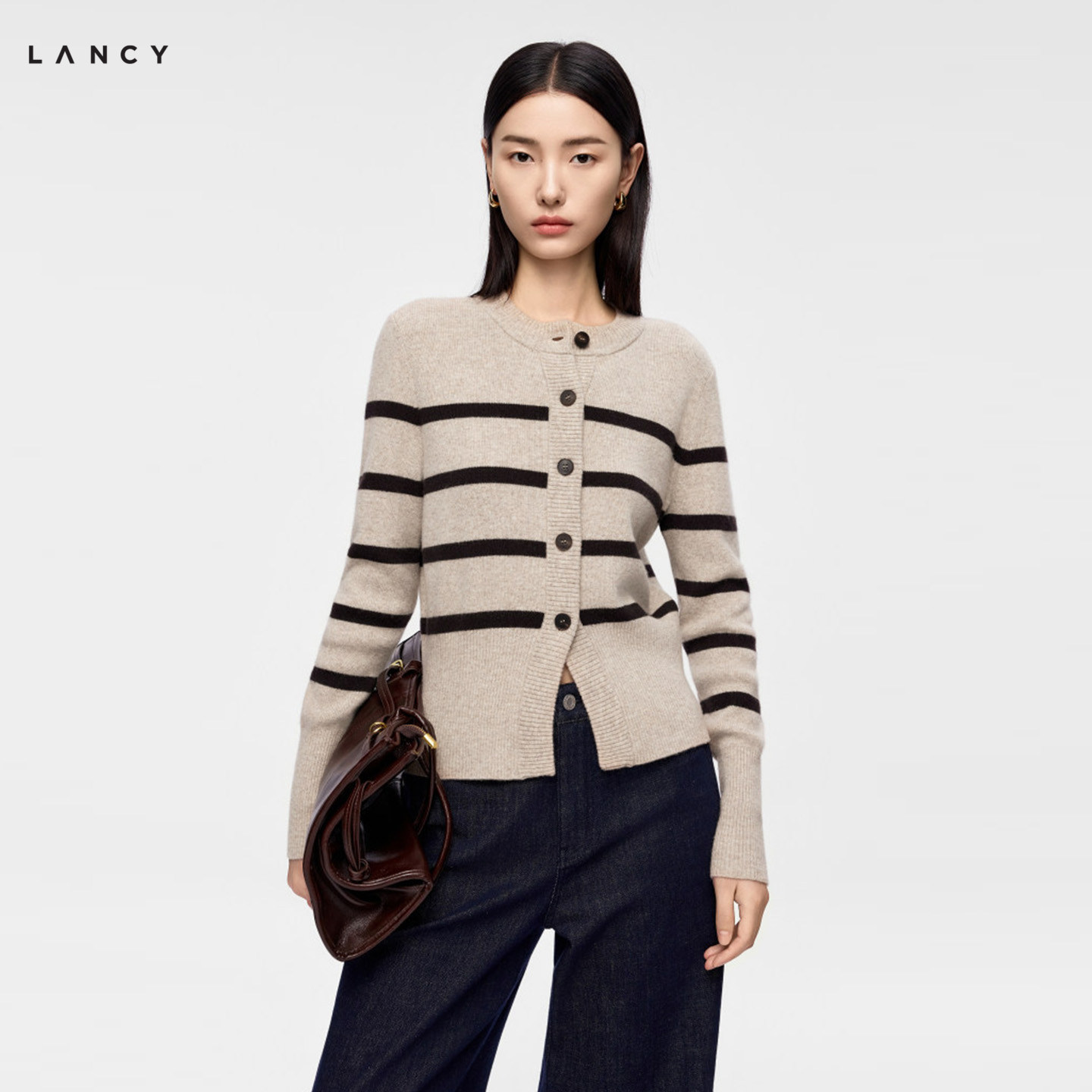 【羊毛】LANCY/朗姿2026秋季新款气质圆领条纹针织开衫修身长袖女
