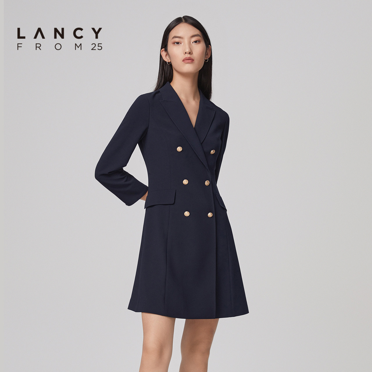 lancy/悦朗姿2023春季新款西装连衣裙女收腰显瘦法式裙子设计感
