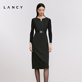 LANCY 朗姿2024冬新款 V领羊毛收腰优雅连衣裙高级感深灰裙子女