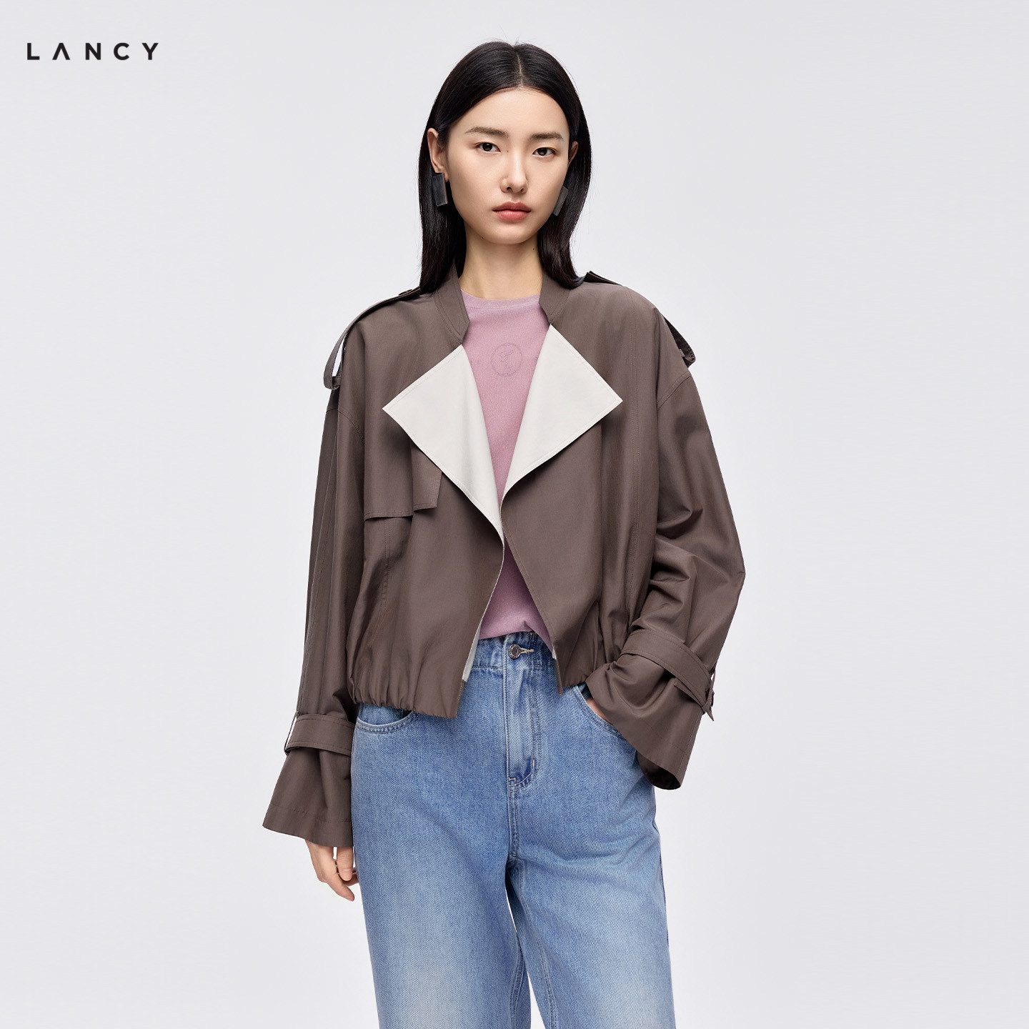 【蚕丝棉】LANCY/朗姿2026秋季新款高级感大翻领撞色风衣短外套女图片