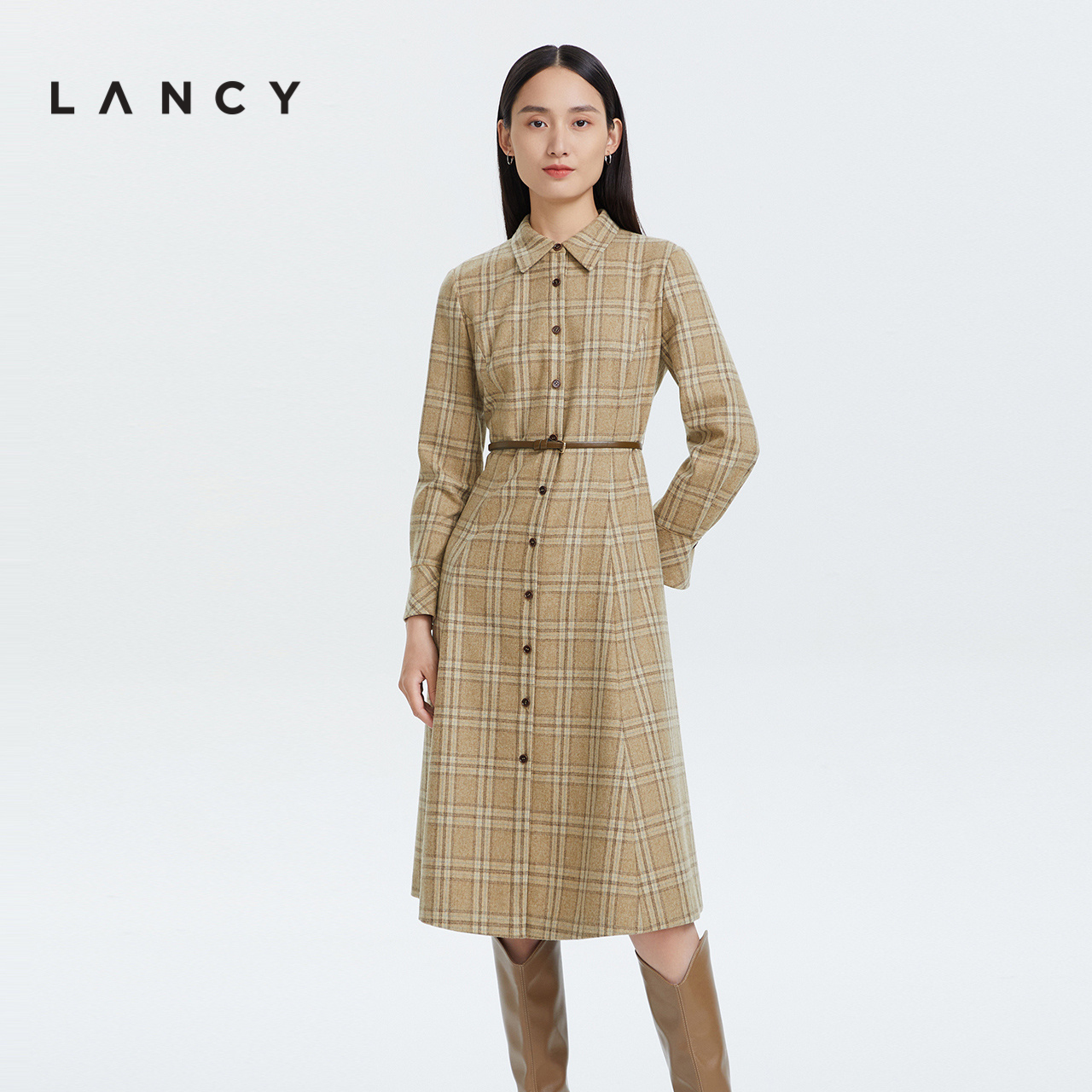 LANCY/朗姿羊毛2022冬季新款格纹衬衫连衣裙子女中长款通勤女裙子