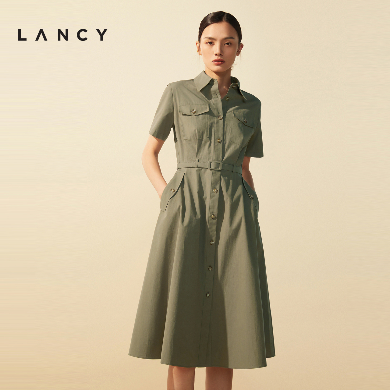 LANCY/朗姿2022年夏季新款衬衫短袖收腰连衣裙质感显瘦气质裙子女