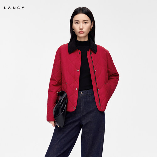【纯羊毛填充】LANCY/朗姿26冬新款复古老钱菱格翻领轻薄短棉服女