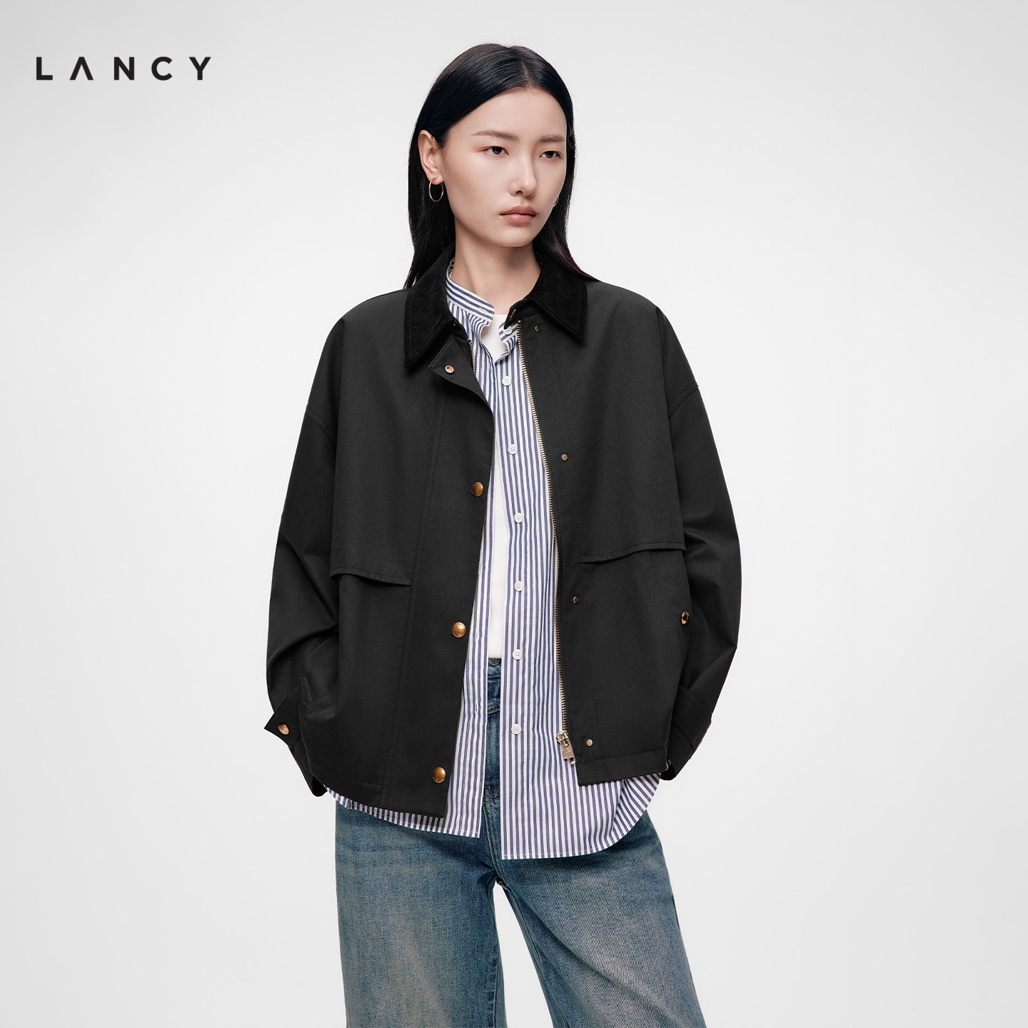 LANCY/朗姿2026秋季新款气质复古灯芯绒翻领工装风短外套半裙套装图片