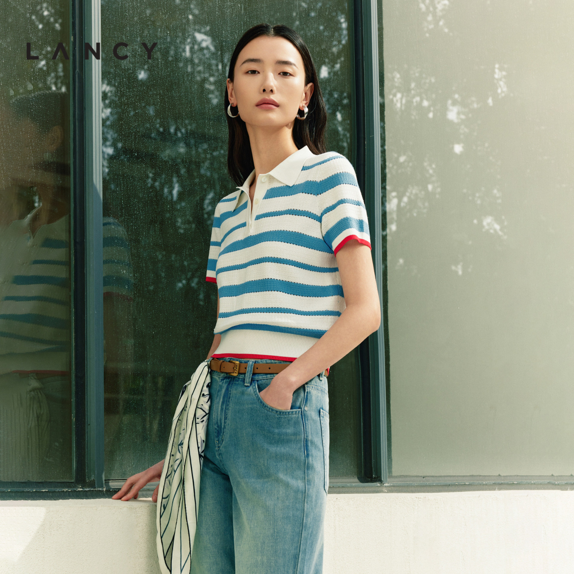 LANCY/朗姿2026夏季新款时尚翻领撞色条纹短袖针织衫女士轻薄上衣