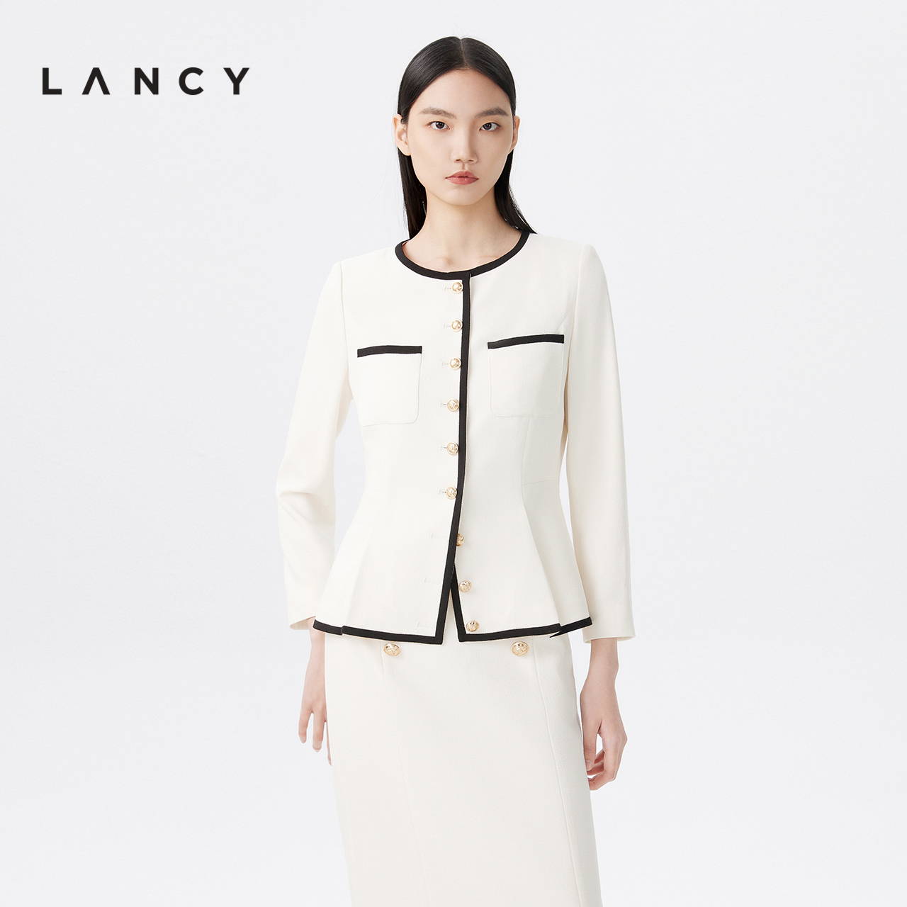 LANCY/悦朗姿春季新款商务通勤白色小香风短外套法式收腰上衣女