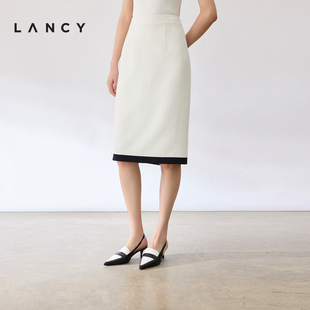 高腰直筒白色小香风半身裙女气质优雅裙子 新款 朗姿2024夏季 LANCY