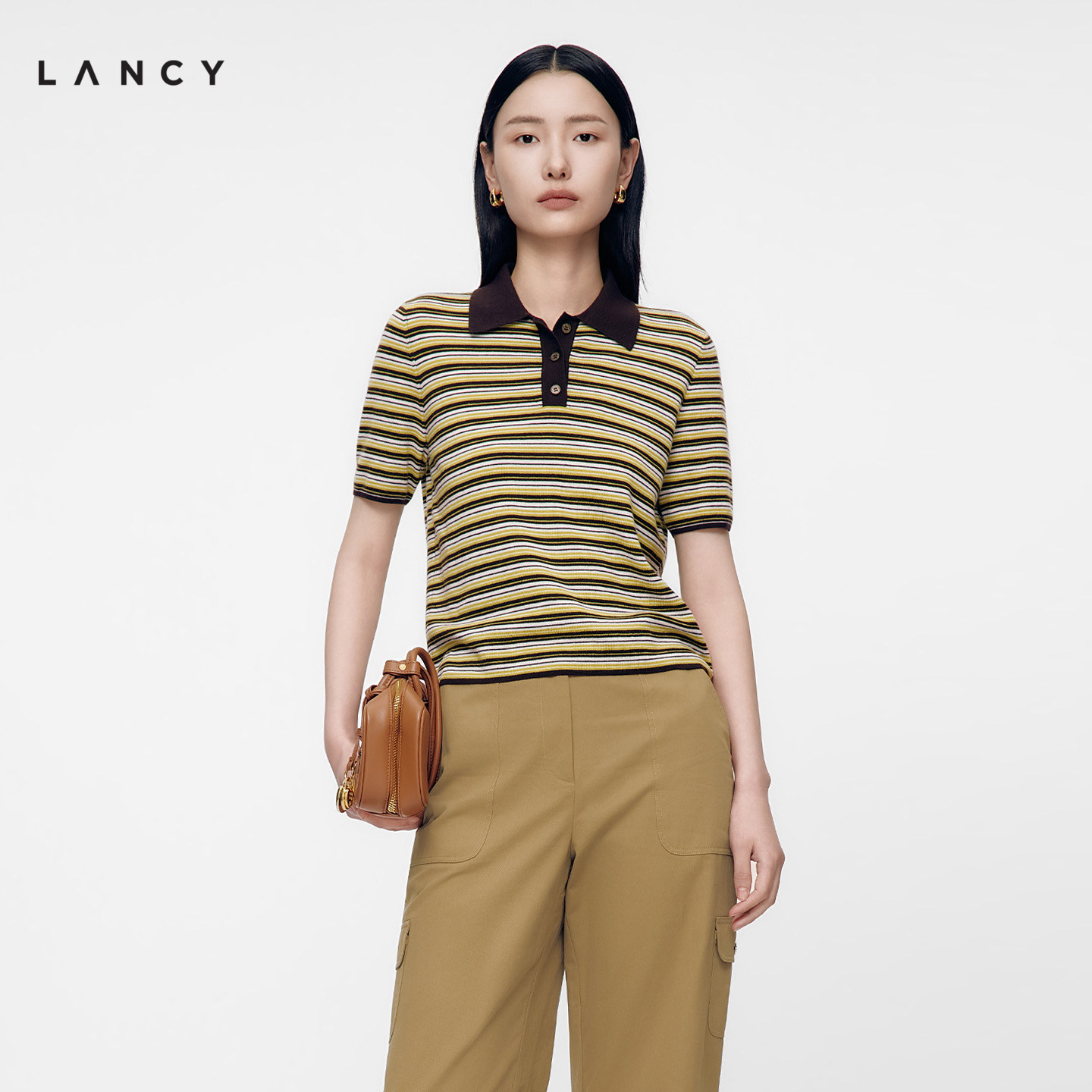 【纯羊毛】LANCY/朗姿2026秋季新款撞色条纹短袖针织衫POLO领上衣