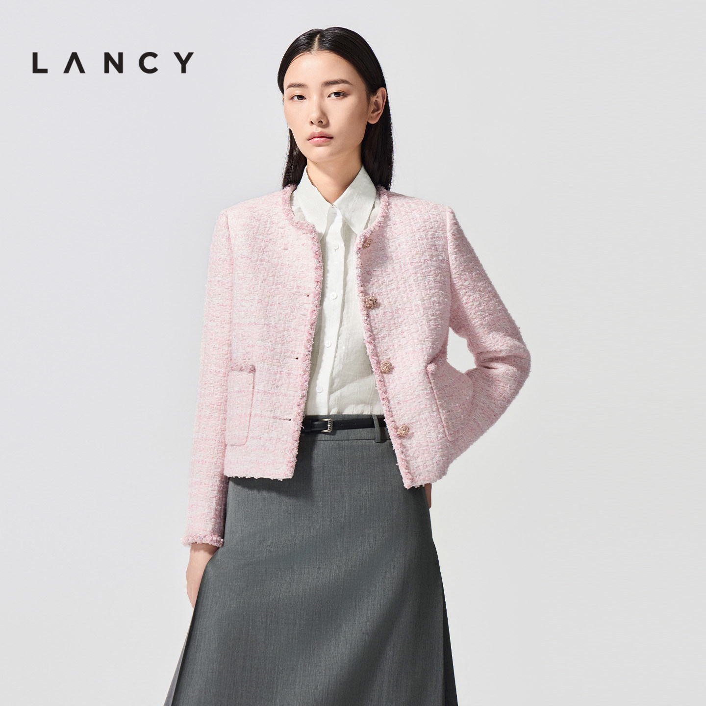 LANCY/朗姿2026春新款法式复古优雅钉珠小香风短外套圆领箱型上衣