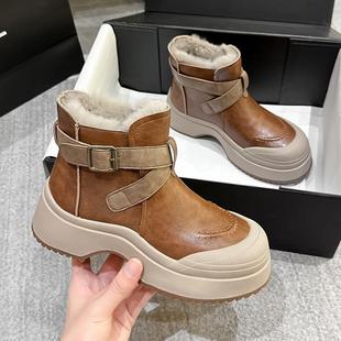 厚底雪地靴女款2025新款冬季大头保暖棉鞋加绒加厚真皮马丁短靴子