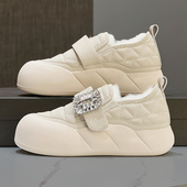 百搭真皮板鞋 棉鞋 新款 魔术贴水钻厚底小白鞋 保暖加绒女鞋 2024冬季