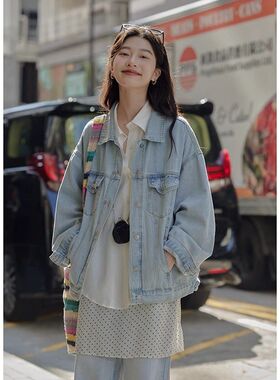 蓝色复古牛仔外套女小个子2024春新款韩版宽松休闲设计感bf风上衣