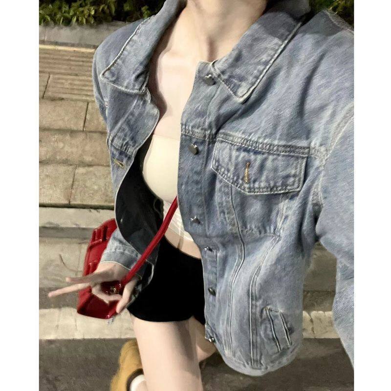 春秋美式复古高街宽松bf风百搭设计感小众工装夹克牛仔外套女学生