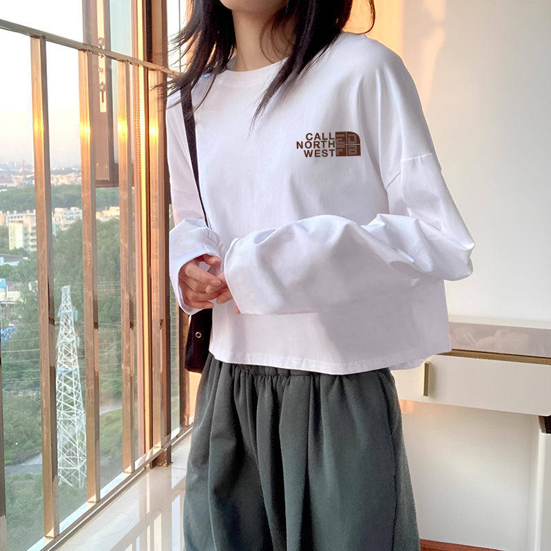 春秋季新款高腰短款t恤女白色长袖ins上衣学生韩版宽松百搭打底衫