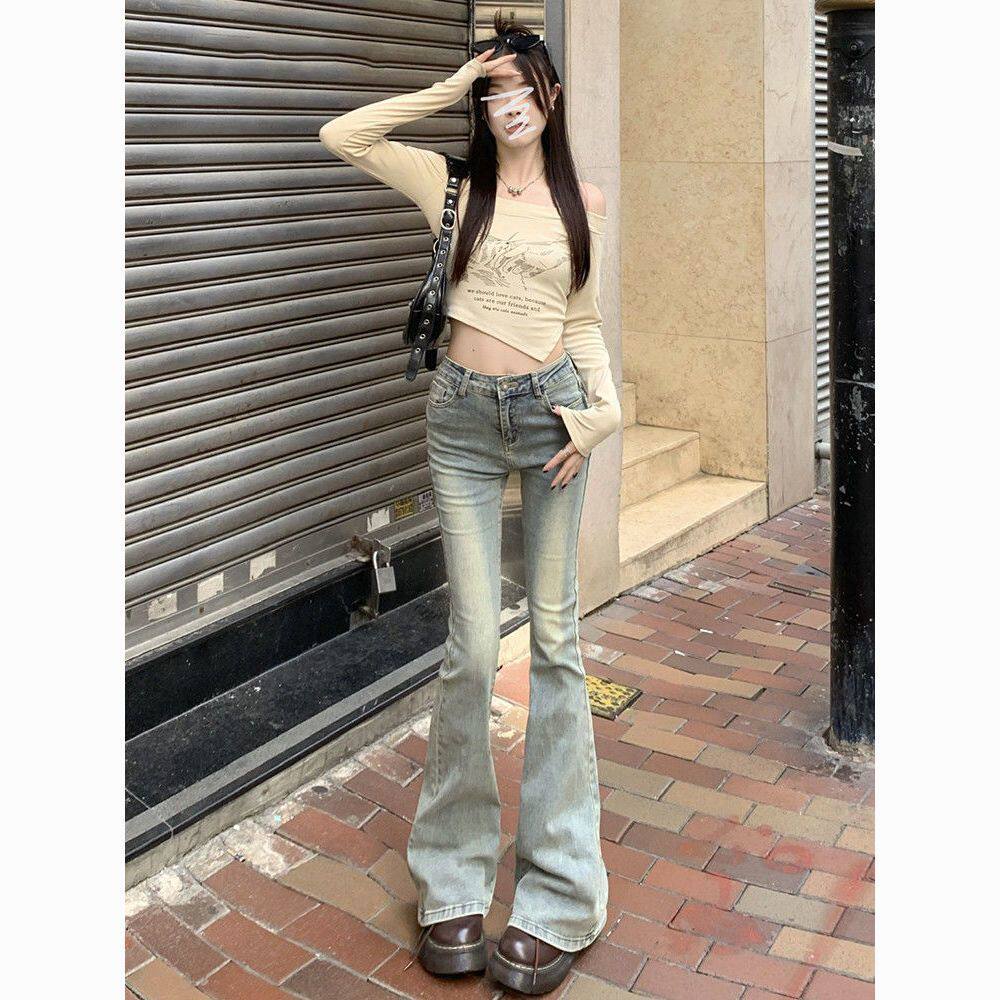 泥黄色微喇叭牛仔裤女复古做旧高腰显瘦小个子修身弹力拖地马蹄裤