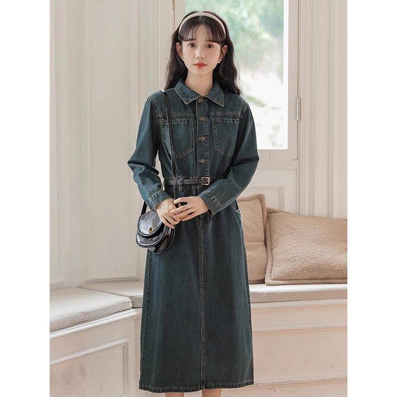 半口仙气法式复古气质牛仔连衣裙女秋冬新款设计感收腰显瘦衬衫裙