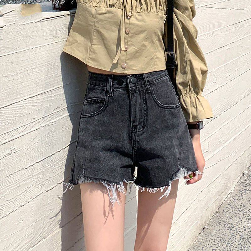 黑灰色牛仔短裤女高腰2024年春夏薄款新款泫雅风a字宽松阔腿热裤