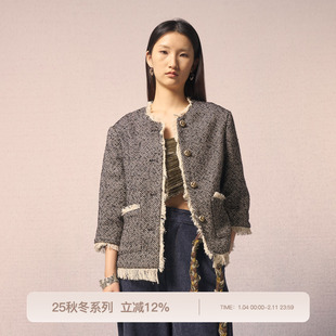 REFUSE CLUB 2025早秋新款花色虚边人字纹外套小香风短款上衣