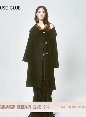 REFUSE CLUB 明星同款秋冬女一字领羊毛长大衣外套