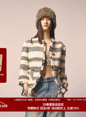 REFUSE CLUB 2025早秋黑白游牧虚边外套小香风流苏短上衣