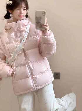粉色羽绒服女短款2025冬季新款白鸭绒加厚小个子学生学院风外套潮