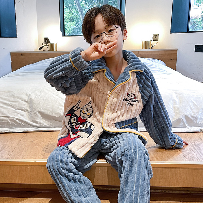 UK NEXT ROAD BIG KIDS PAJAMAS MENS 2022 NEW AUTUMN WINTER CORAL VELVET THICKENED LOUNGEWEAR SET