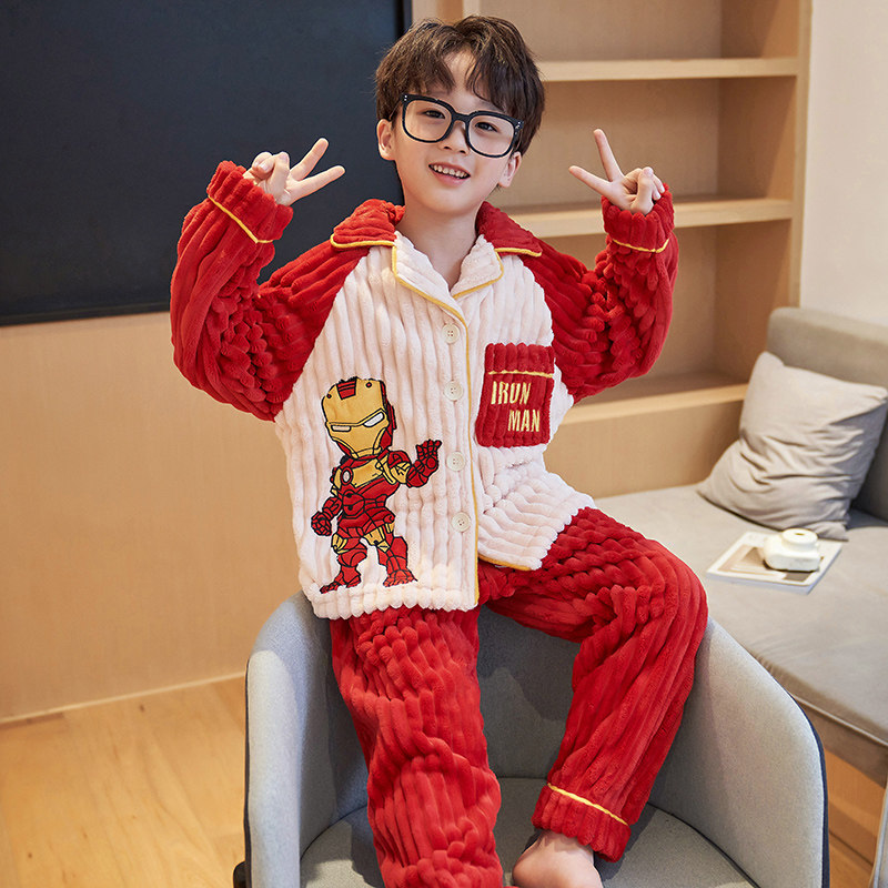 UK NEXT ROAD BIG KIDS PAJAMAS MENS 2022 NEW AUTUMN WINTER CORAL VELVET THICKENED LOUNGEWEAR SET