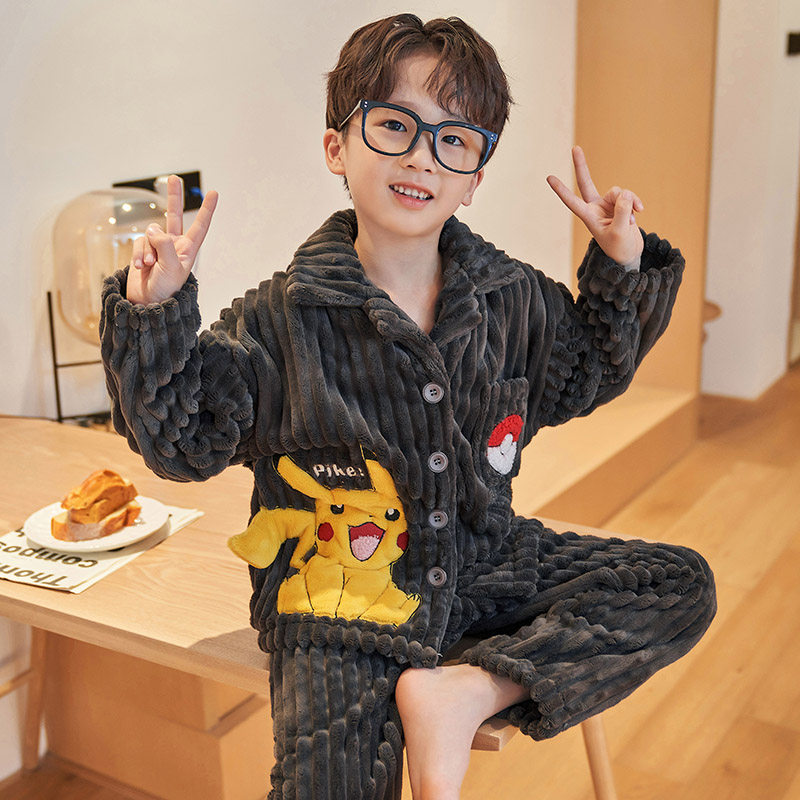 UK NEXT ROAD BIG KIDS PAJAMAS MENS 2022 NEW AUTUMN WINTER CORAL VELVET THICKENED LOUNGEWEAR SET