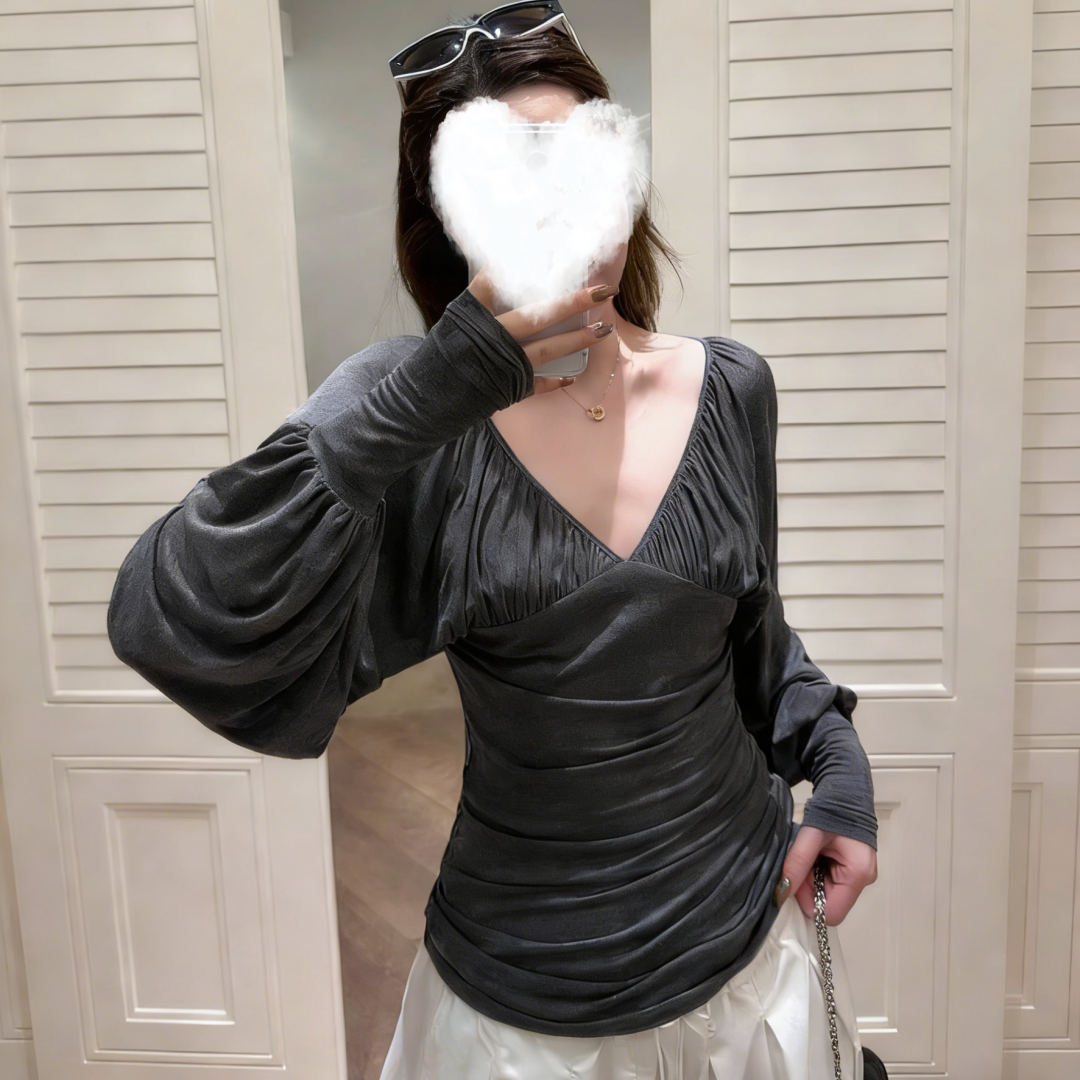 2026年早春辣妹美洋花苞修身灯笼长袖上衣女纯棉百搭显瘦修身T恤