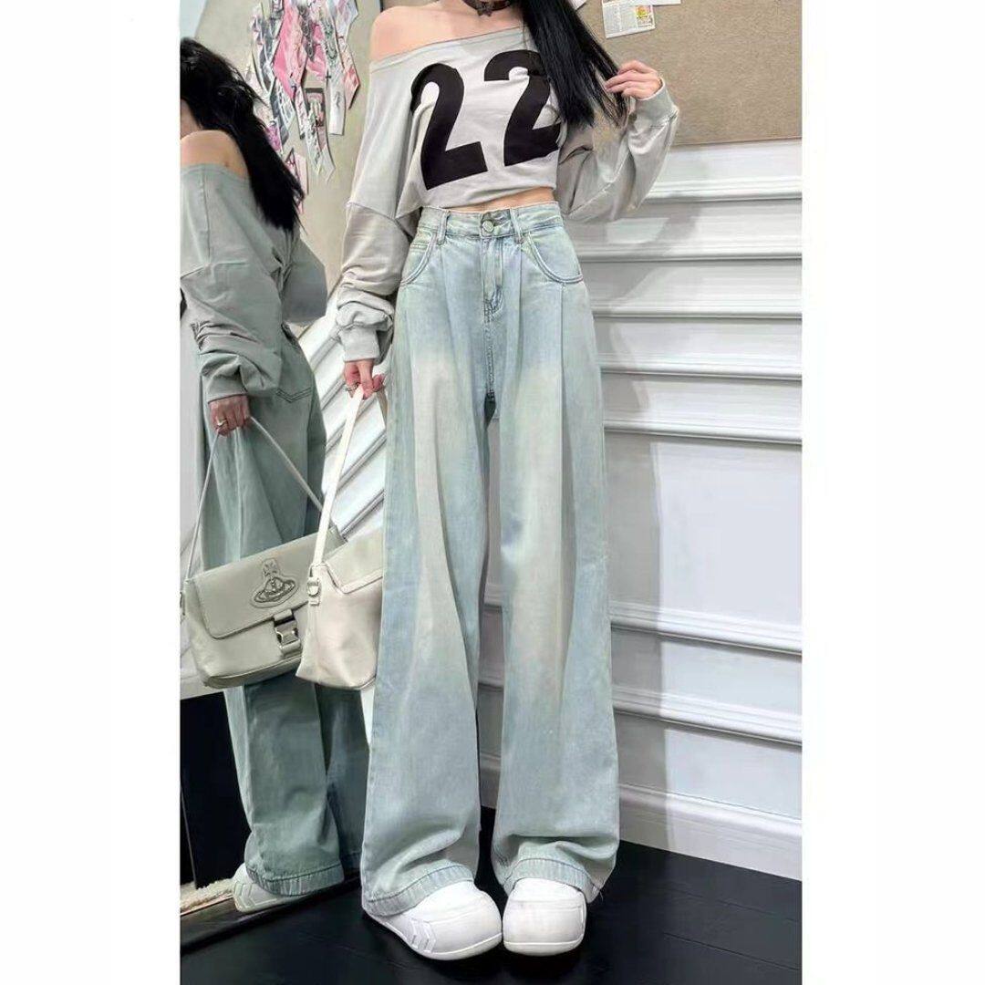 水洗蓝阔腿牛仔裤女夏季薄款大码胖mm褶皱高腰宽松显瘦直筒拖地裤